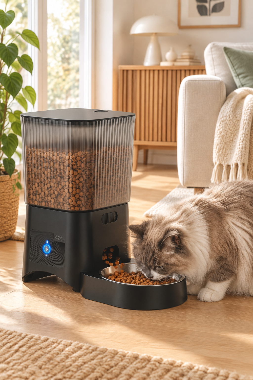 SmartFoder automatisk foderautomat med katt i skandinaviskt hem
