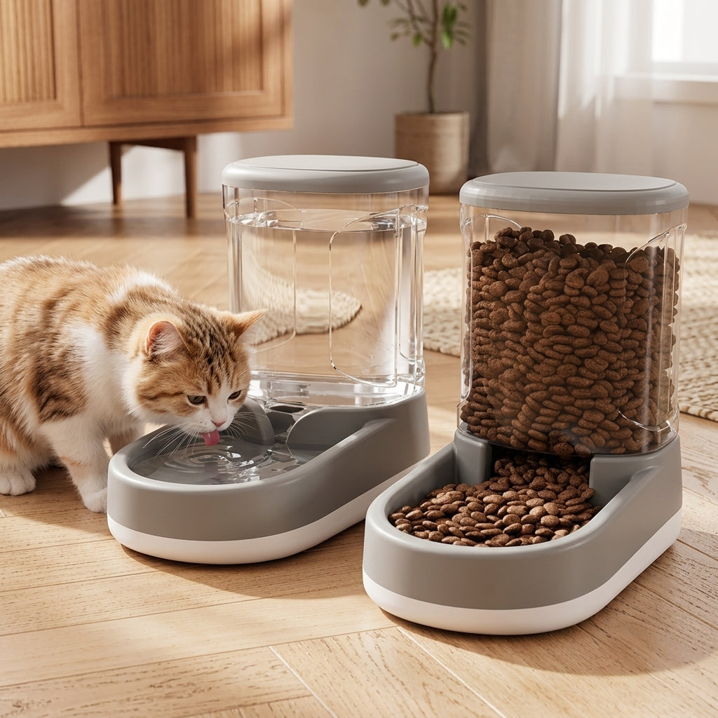 Katt som dricker ur automatisk vattenfontän och äter ur matare