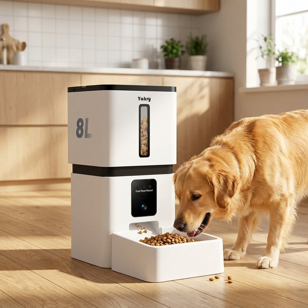 Smart hundmatare i modern köksmiljö med hund