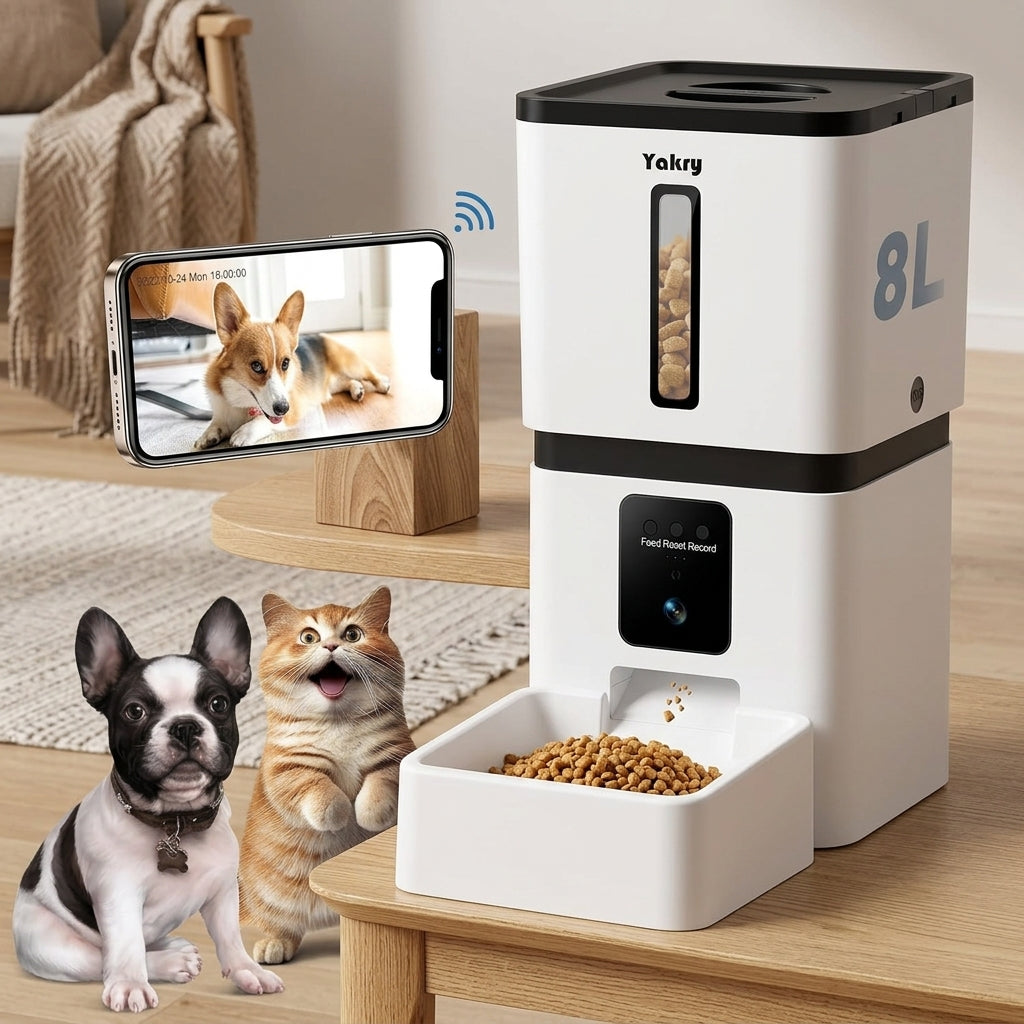 Smart hundmatare med app-vy på mobiltelefon