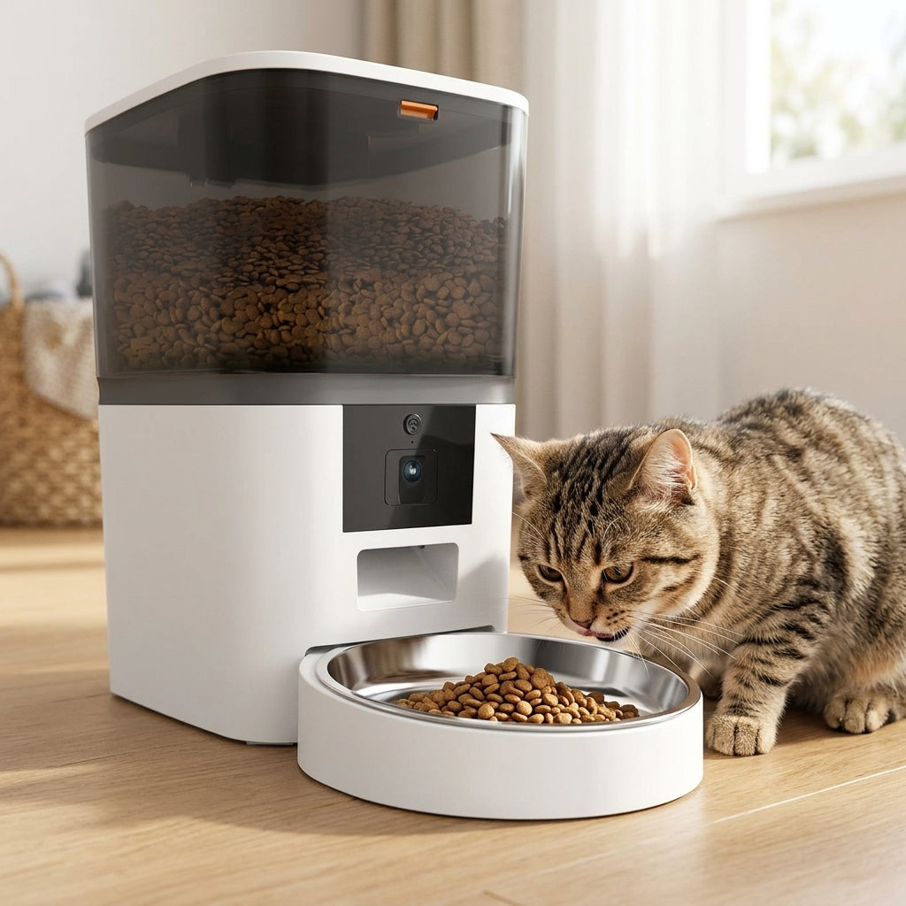 Katt som äter från automatisk matare