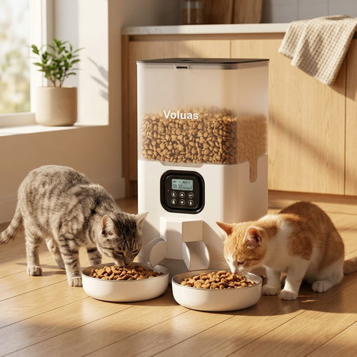 Två katter äter från automatisk dubbel foderautomat i modernt kök