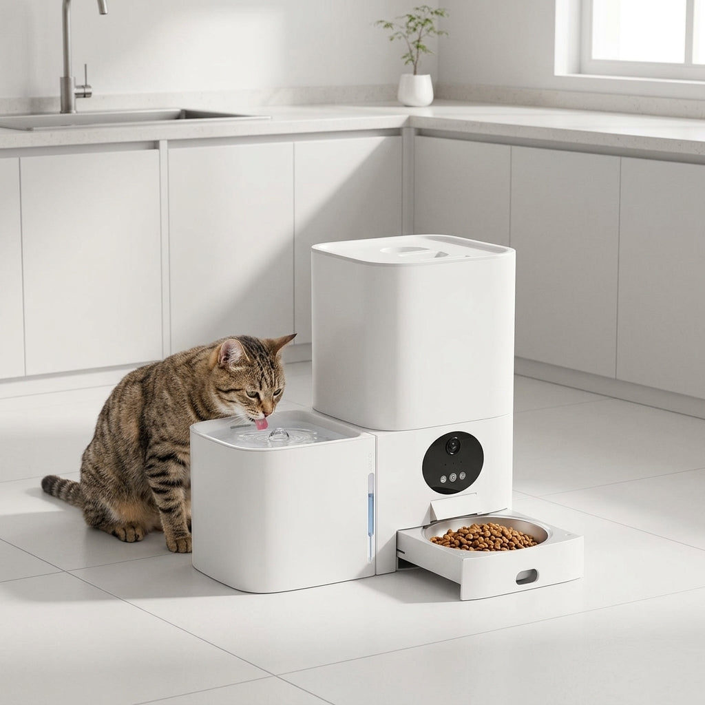 Smart automatisk foder- och vattenstation i köksmiljö med katt